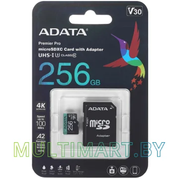 Карта памяти ADATA Premier Pro microSDXC 256GB с адаптером (AUSDX256GUI3V30SA2-RA1)